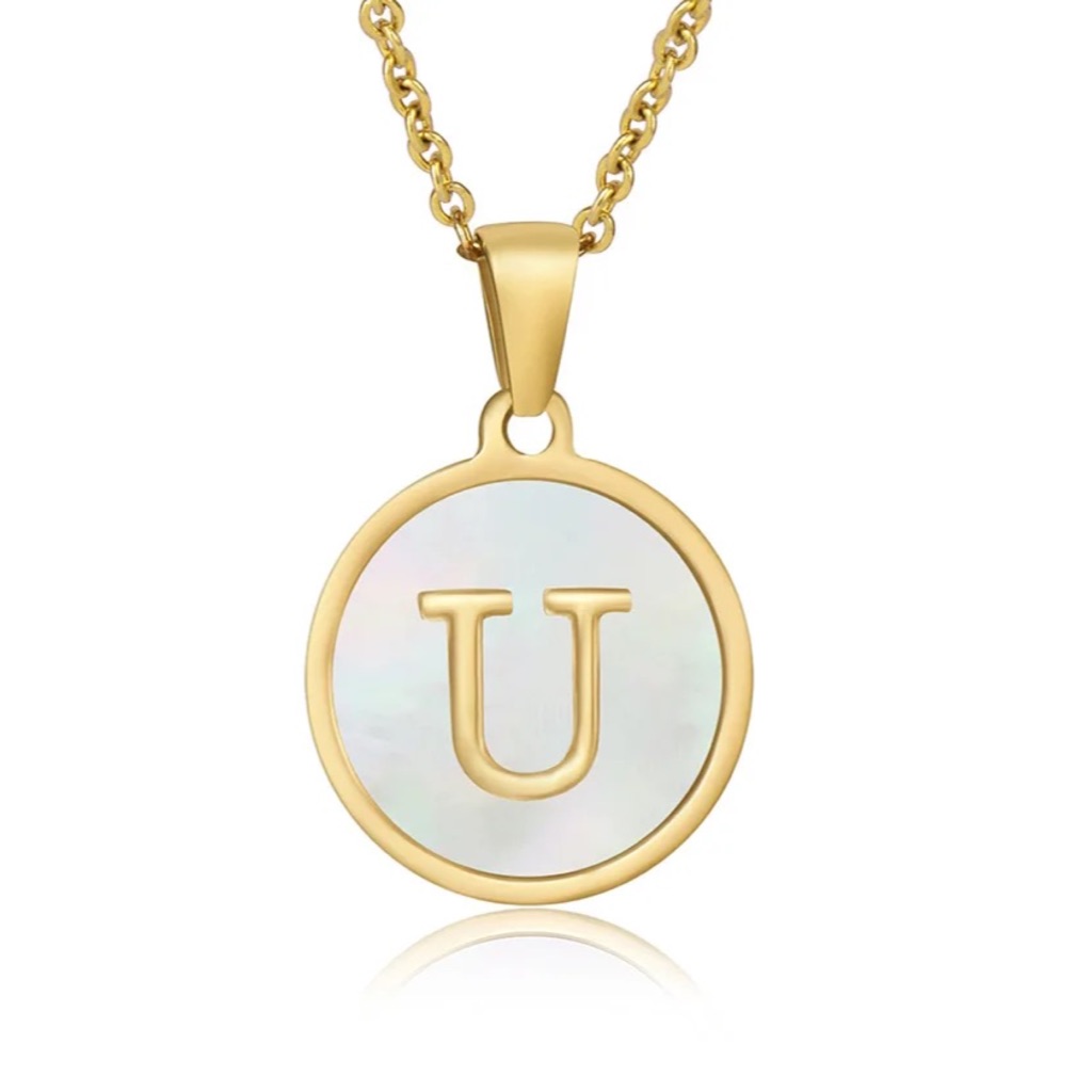 Letter “U” Initial Pendant 18k Gold Plated Real Mother Pearl A, B, C, D,